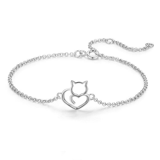 Real 925 Sterling Silver Cat And Heart Link Bracelet